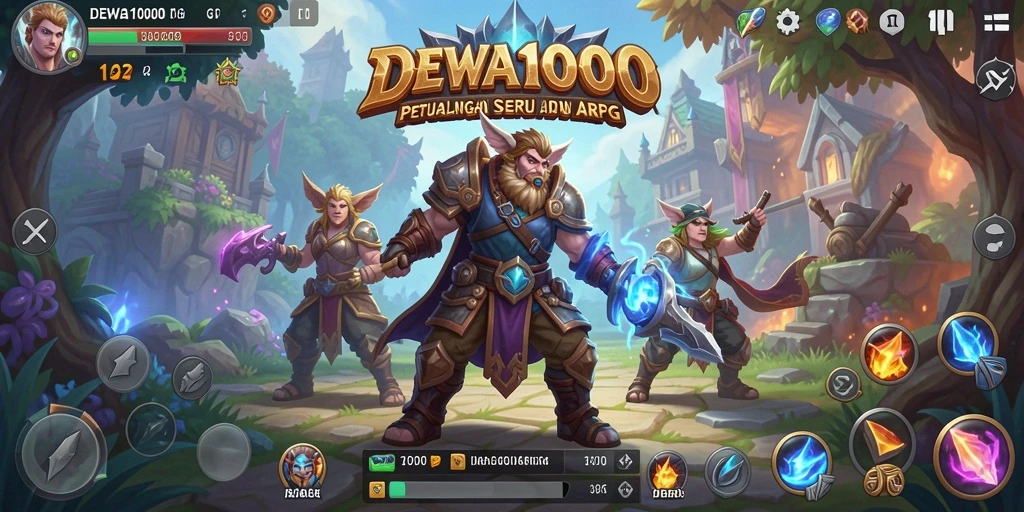 Screenshot DEWA1000 menunjukkan pertarungan epik di dunia fantasy.