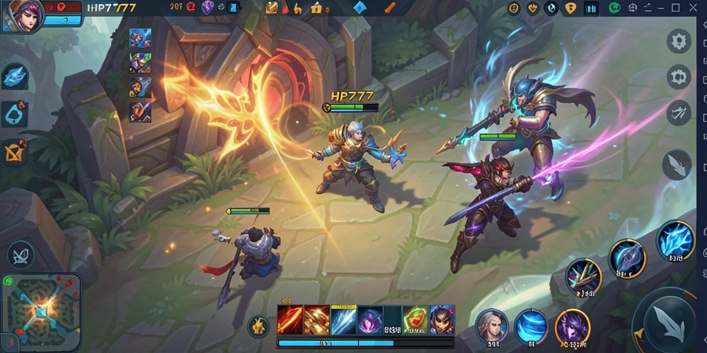 Tampilan dinamis gameplay HP777 dengan pertempuran MOBA yang seru.