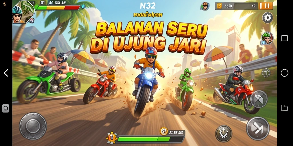 Screenshot gameplay N32 menampilkan aksi balapan yang penuh adrenalin.