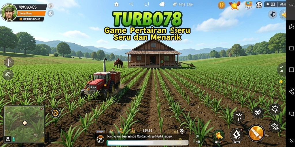Tampilan screenshot utama TURBO78 menampilkan gameplay pertanian yang menawan.