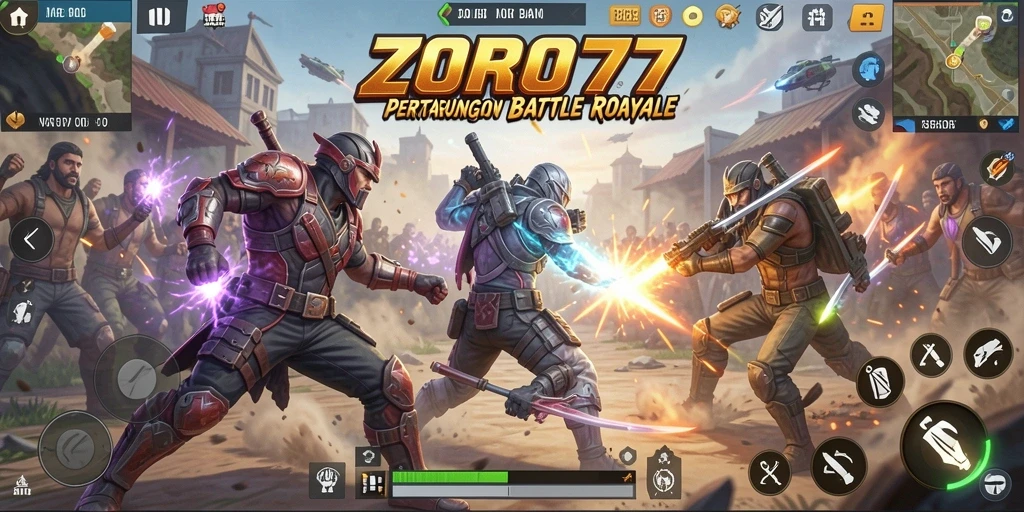 Screenshot gameplay ZORO77 yang menampilkan pertempuran Battle Royale yang sengit.